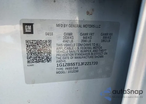 2018 Chevrolet Malibu 1Ls из США, поврежденный, VIN 1G1ZB5ST1JF221720